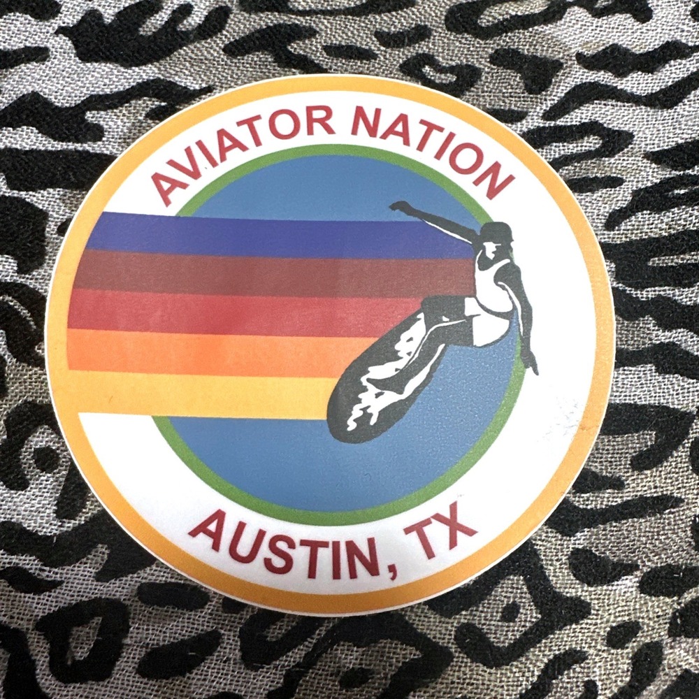 Aviator Nation Austin Texas Surfer Rainbow Stripe 4 Inch Circular Sticker Decal